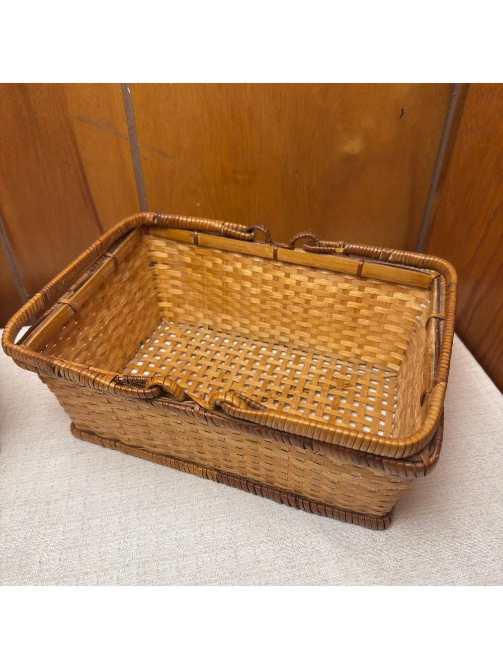 Vintage Woven Rattan Basket Rectangular Handled Storage Basket Boho Decor